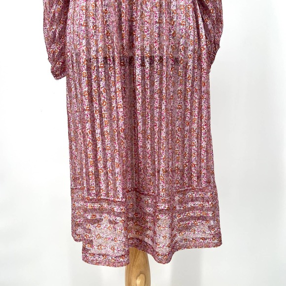 Vintage 80s Dress Womens Small Pink Sheer Striped 3/4 Sleeve Midi Tiny Floral - Picture 5 of 16